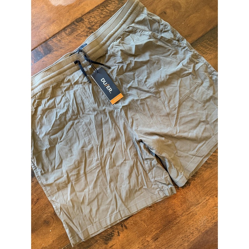 DUER Shorts Mens XL Green Tech Poplin Rove Elastic Waist Casual Travel 7 Inch